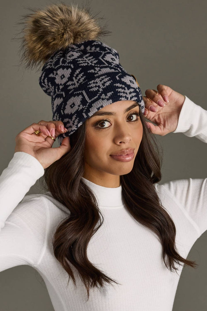 Navy & Gray Floral Pattern Pom Pom Hat