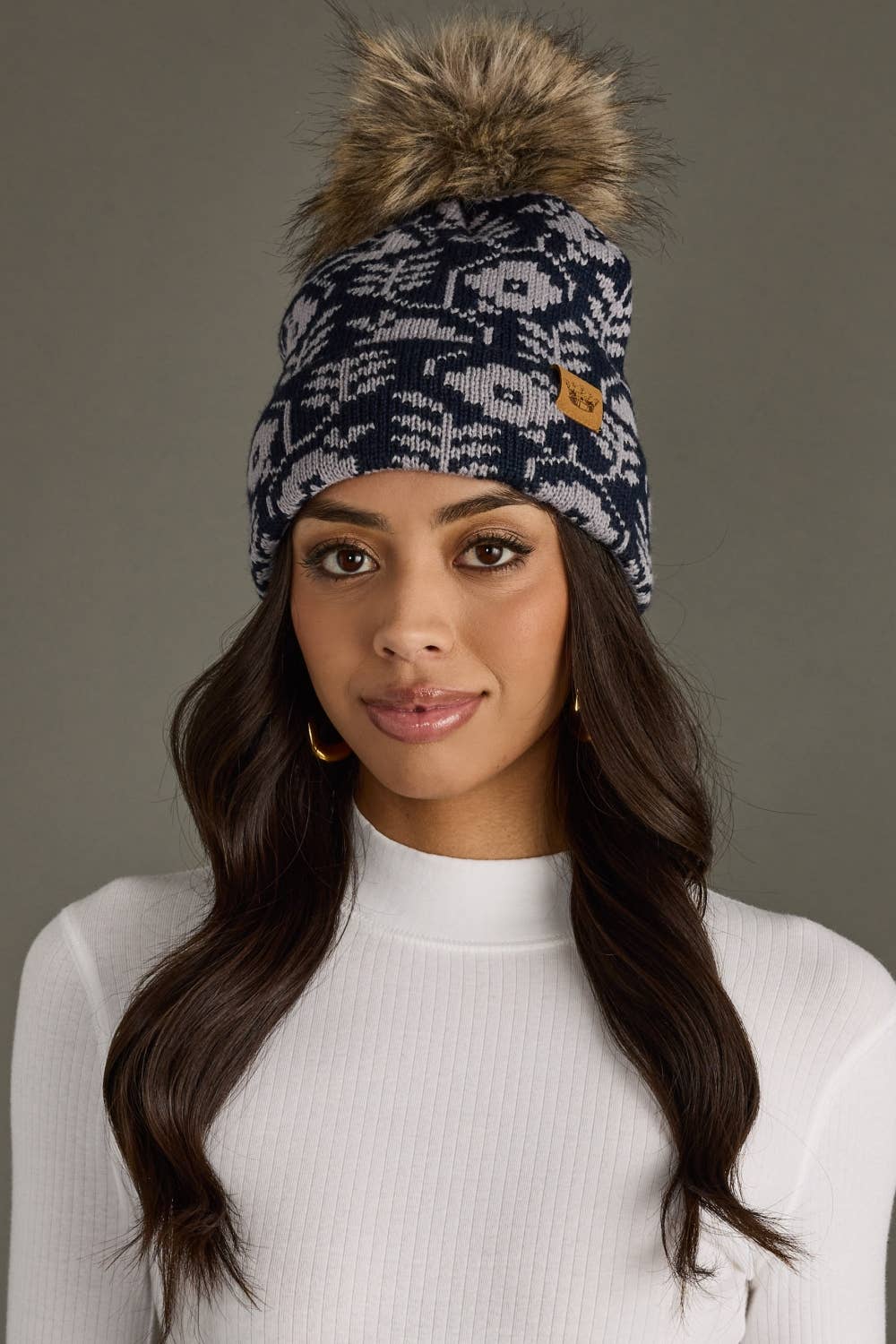Navy & Gray Floral Pattern Pom Pom Hat