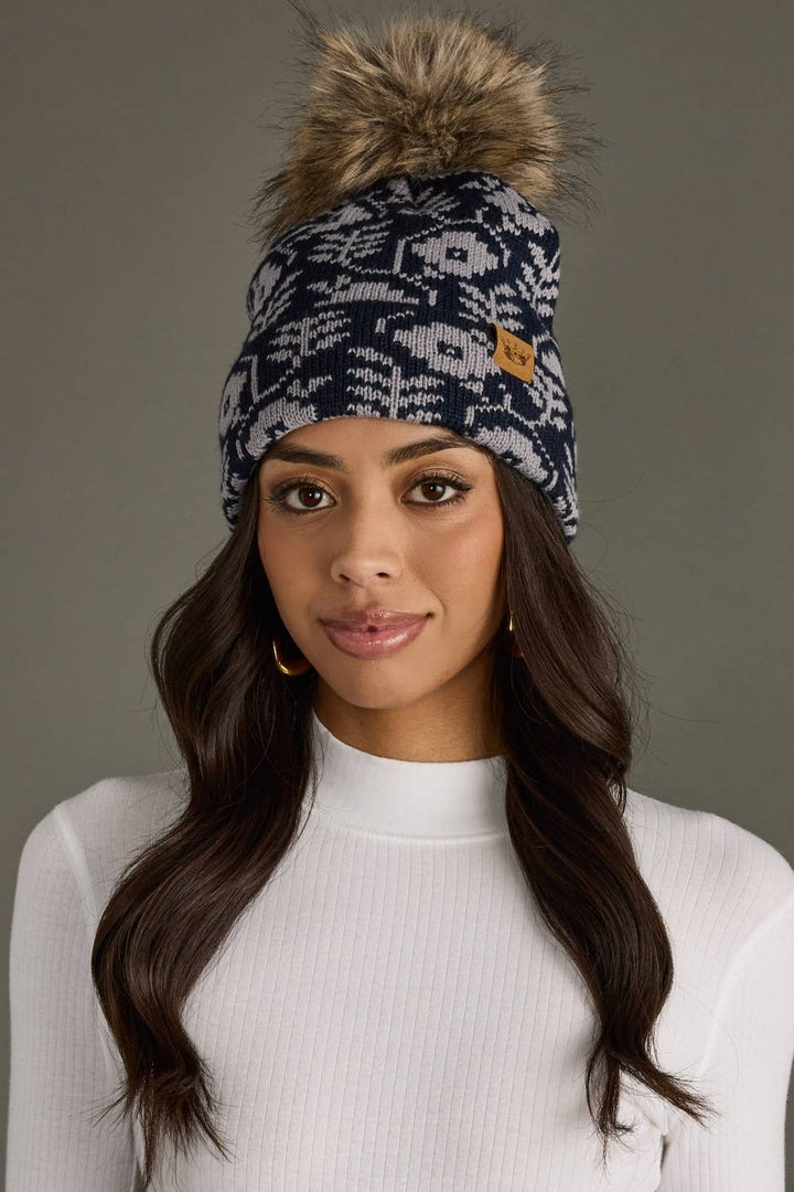 Navy & Gray Floral Pattern Pom Pom Hat