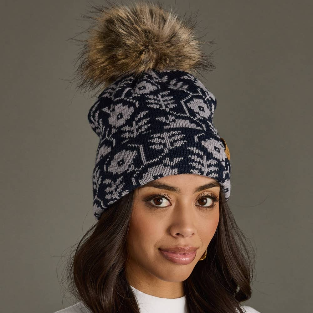 Navy & Gray Floral Pattern Pom Pom Hat