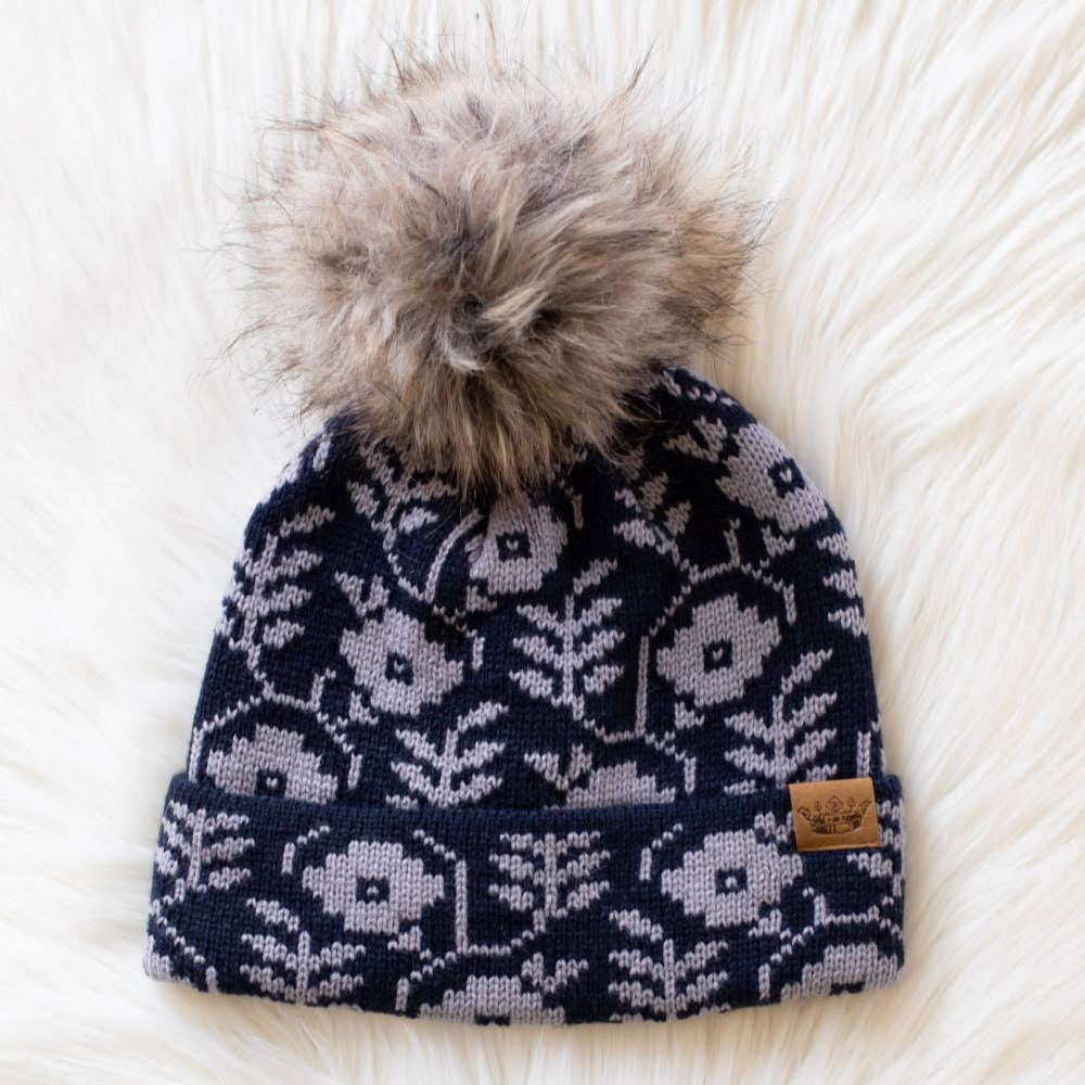Navy & Gray Floral Pattern Pom Pom Hat