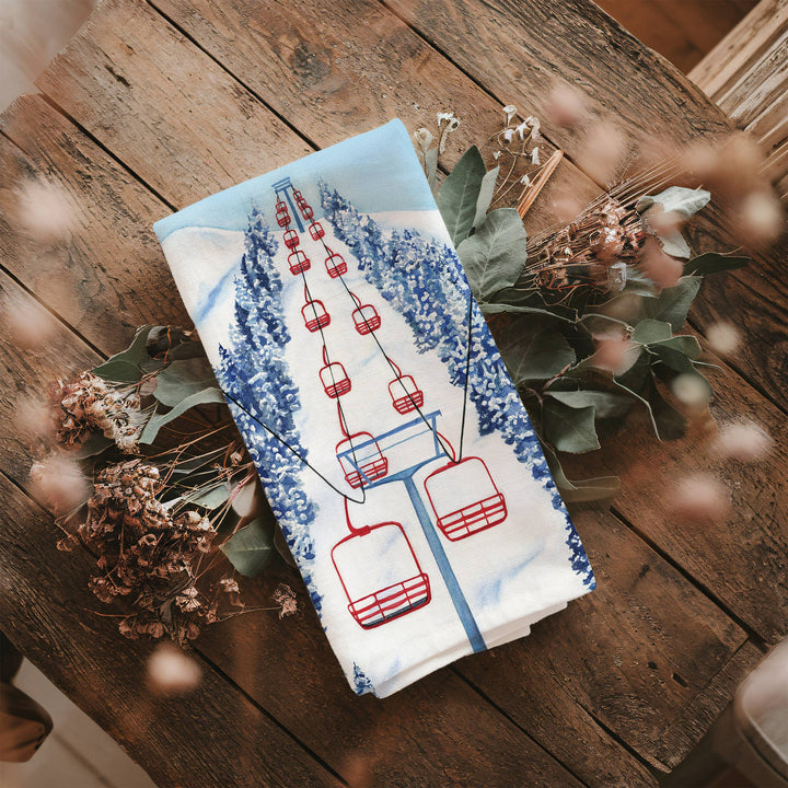 Ski Chairlift Tea Towel | Alpine Winter Holiday Kitchen