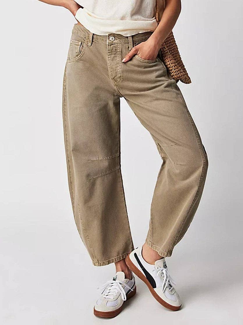 Washed Mid Rise Loose Barrel Jeans in Khaki