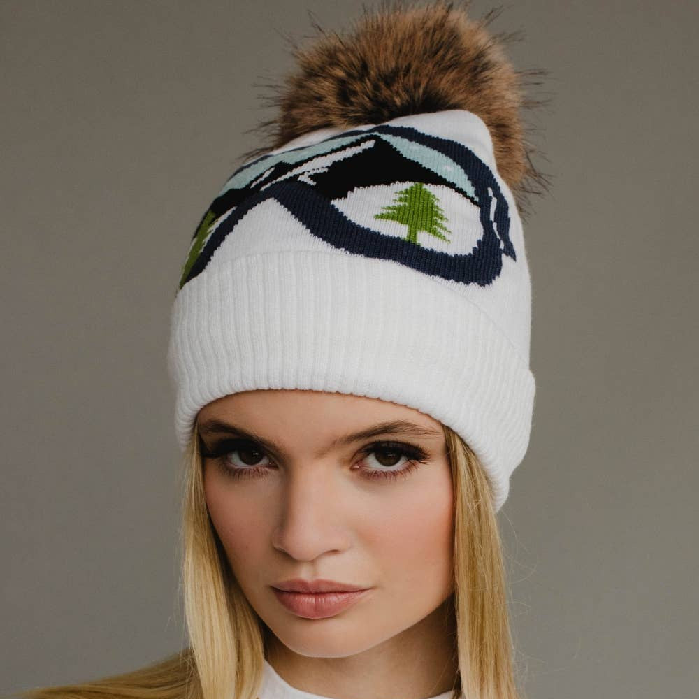 White & Blue Ski Goggle Pom Hat