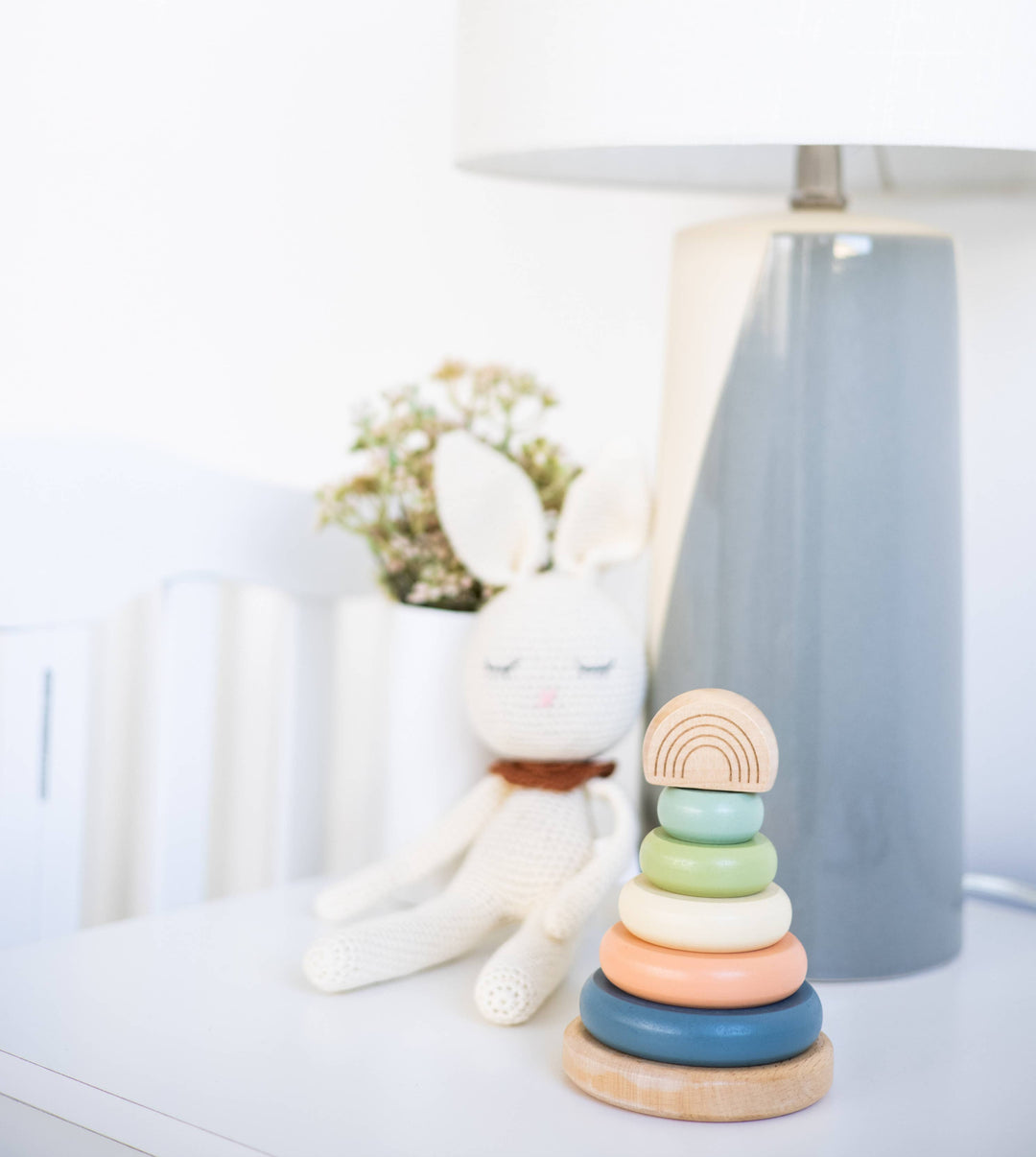 Wooden Stacking Rainbow Tower Baby Toy, Nursery Decor