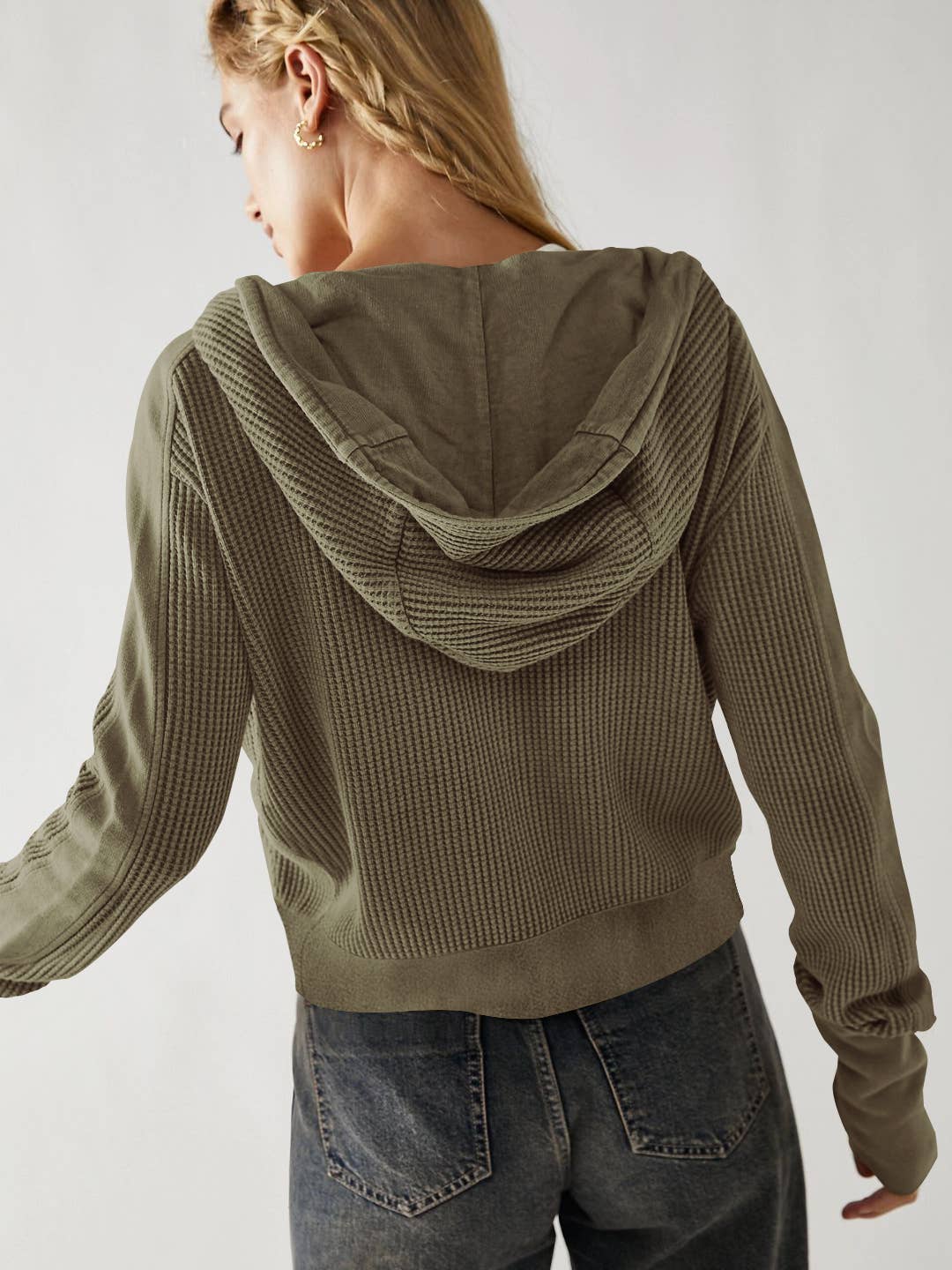 Olive Button/Zip Cropped Waffle Sweatshirt