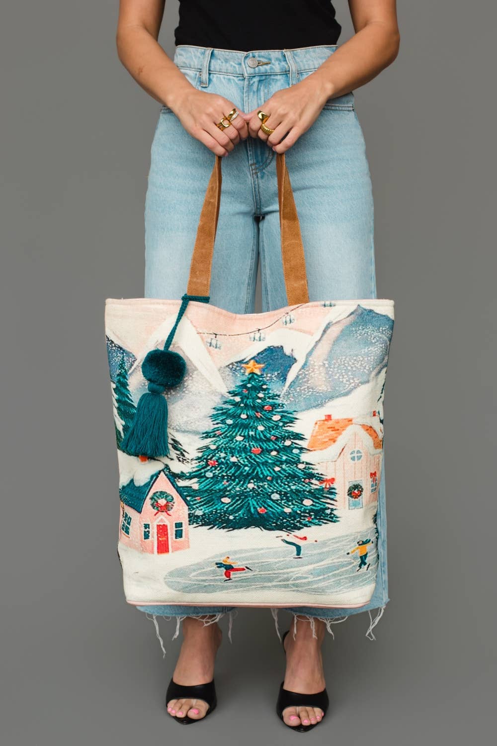 Christmas Village in the Mountains Scene Tote