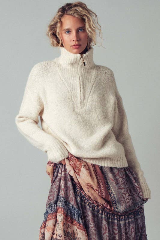 Ivory Textured Quarter-Zip Sweater