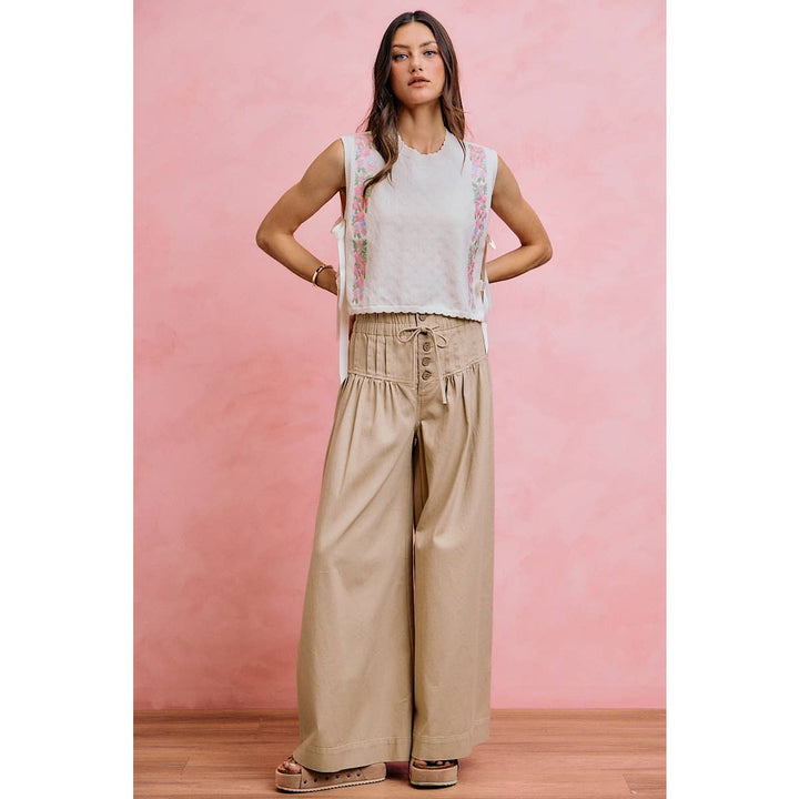 Wide leg Oatmeal Denim Pants w/ Pintuck Waist