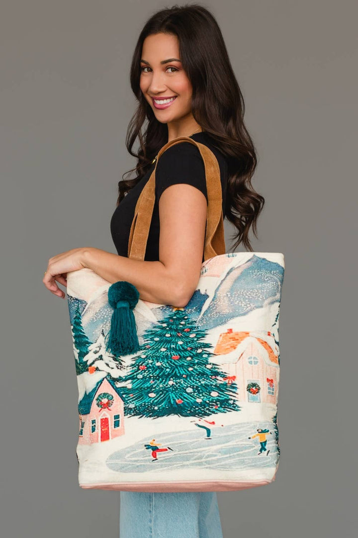 Christmas Village in the Mountains Scene Tote