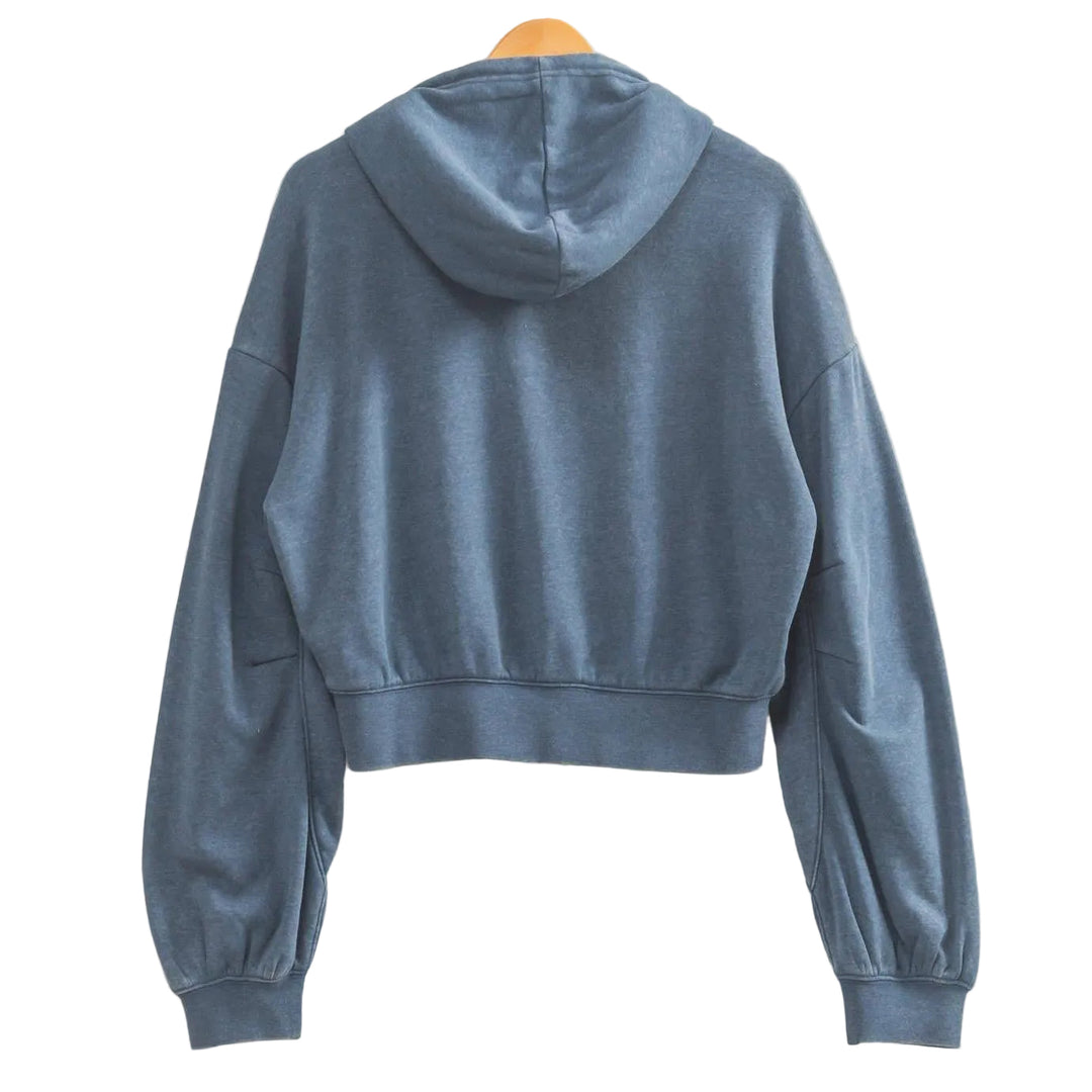 V-Neck Drawstring Detail Long Sleeve Crop Hoodie Navy