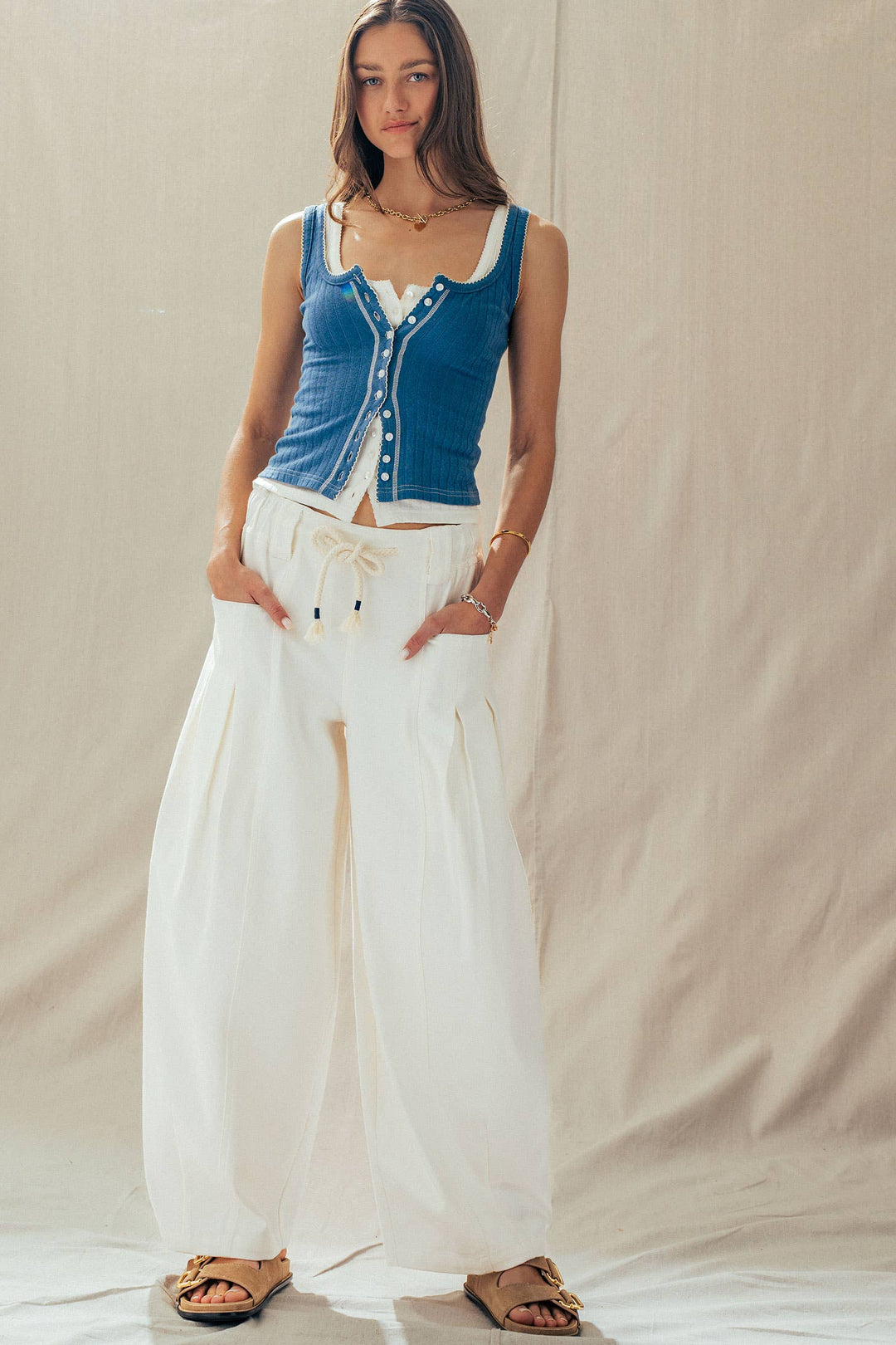 Apricot Ribbed Cotton Button-Front Picot Trim Tank