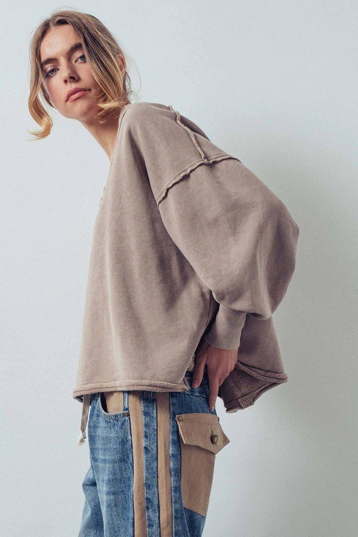 Mocha Raw Edge V-Neck Oversized Sweatshirt