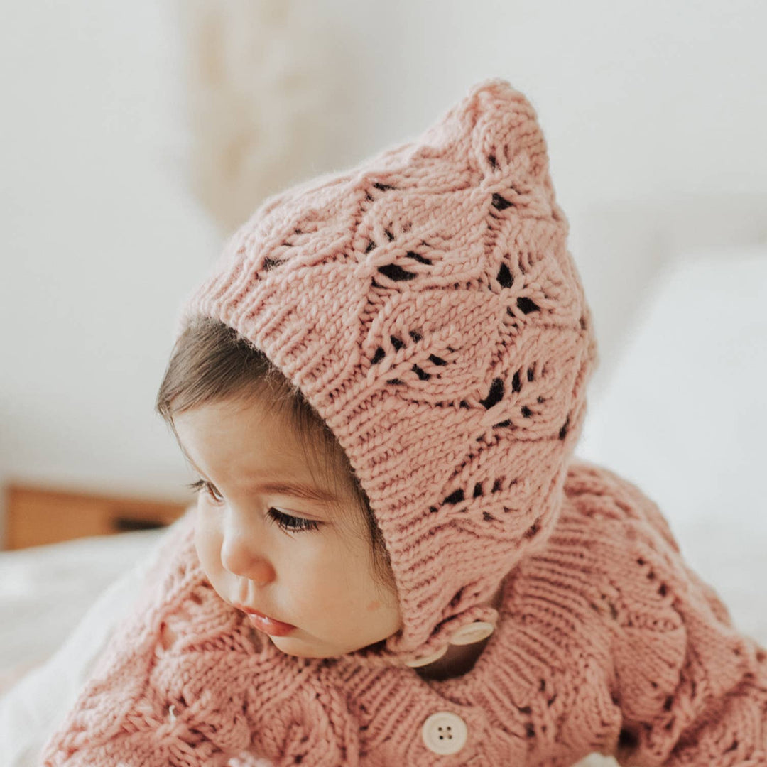Leaf Lace Hand Knit Bonnet Rosy Pink