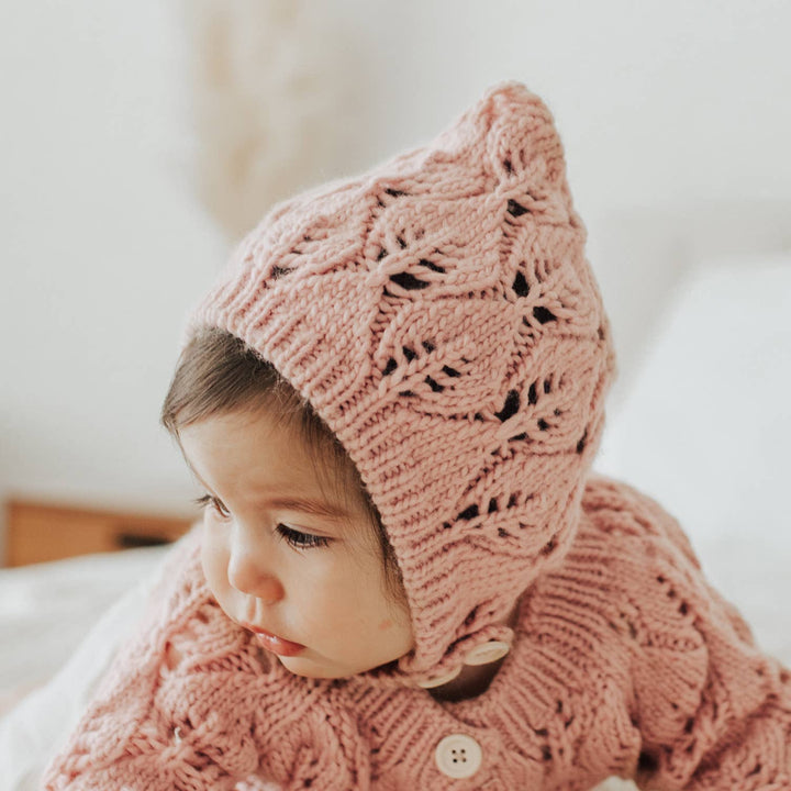 Leaf Lace Hand Knit Bonnet Rosy Pink