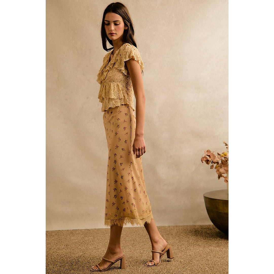 Satin Floral & Lace Trim Midi Skirt
