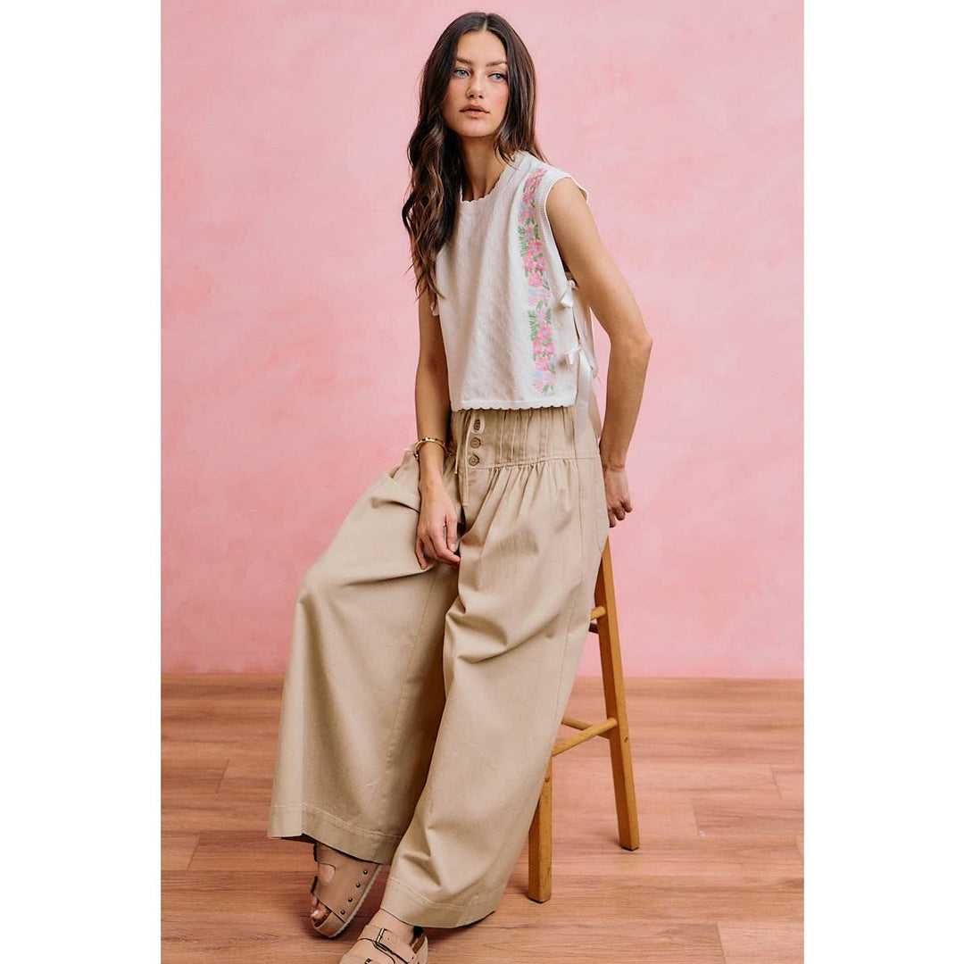 Wide leg Oatmeal Denim Pants w/ Pintuck Waist