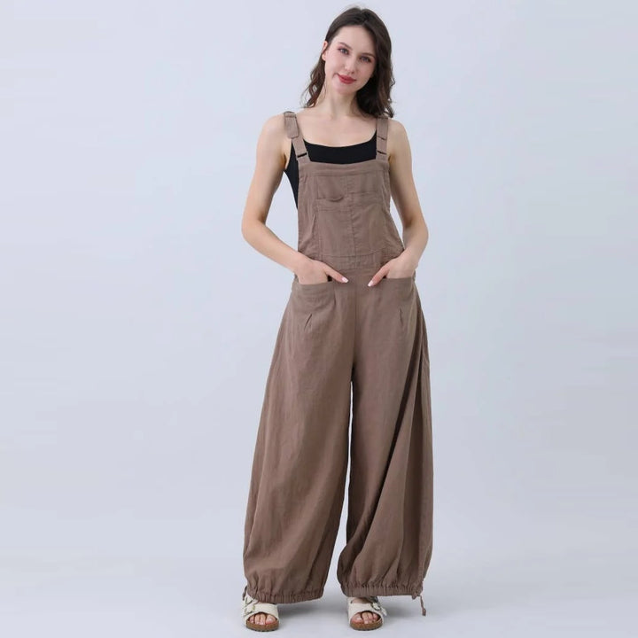 Mocha Natural Linen Overalls w/ Wide Leg Adjustable Cuffs