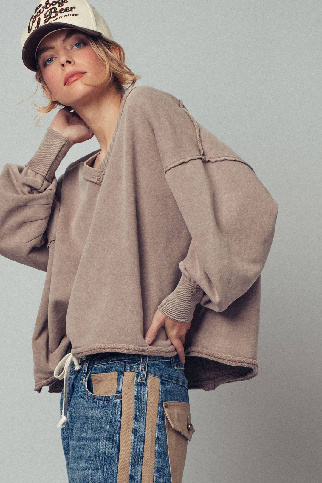Mocha Raw Edge V-Neck Oversized Sweatshirt