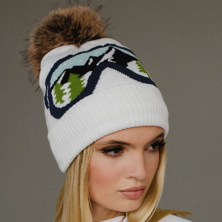 White & Blue Ski Goggle Pom Hat