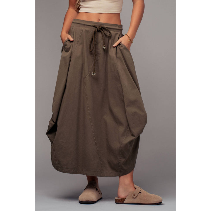 Balloon Hem Drawstring Olive Maxi Skirt