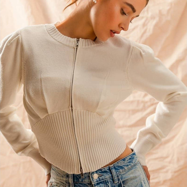 Zip Sweater Jacket with Ribbed Hem