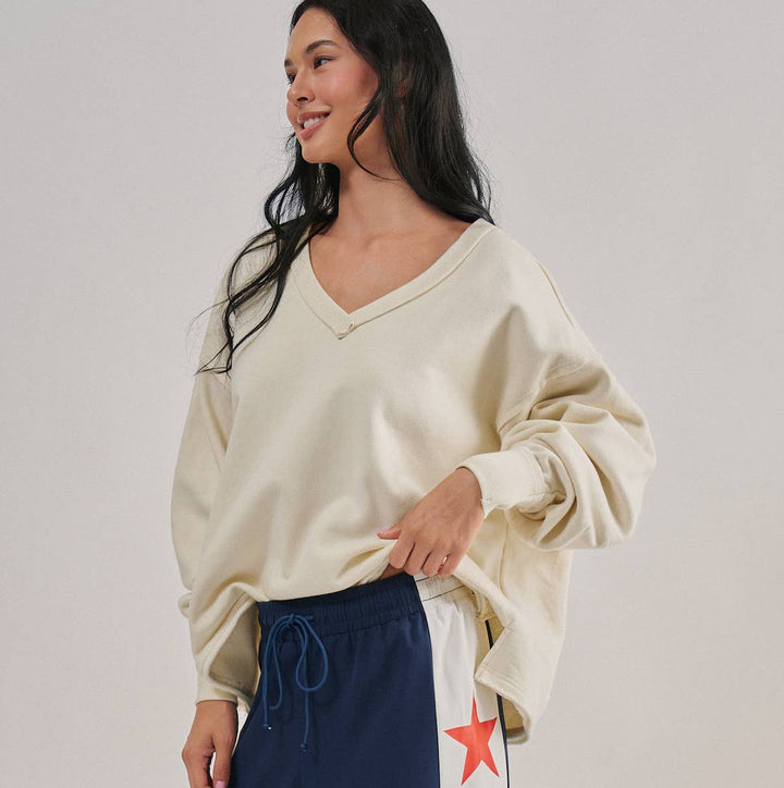 Chalk Raw Edge V-Neck Oversized Sweatshirt