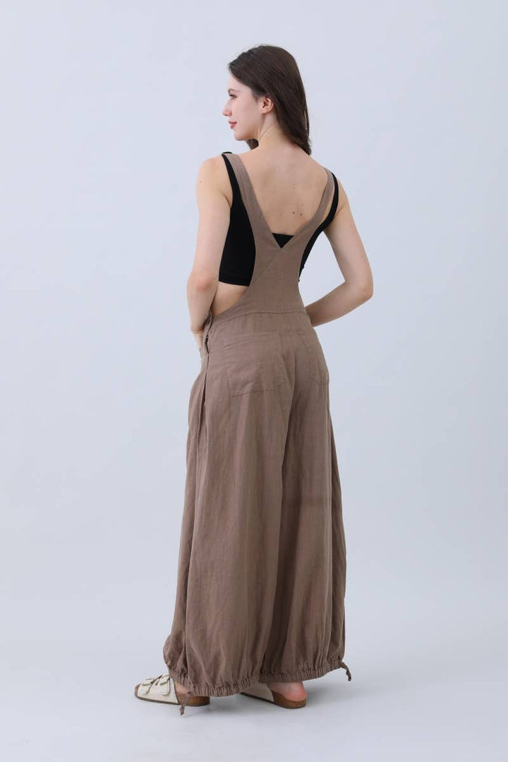 Mocha Natural Linen Overalls w/ Wide Leg Adjustable Cuffs