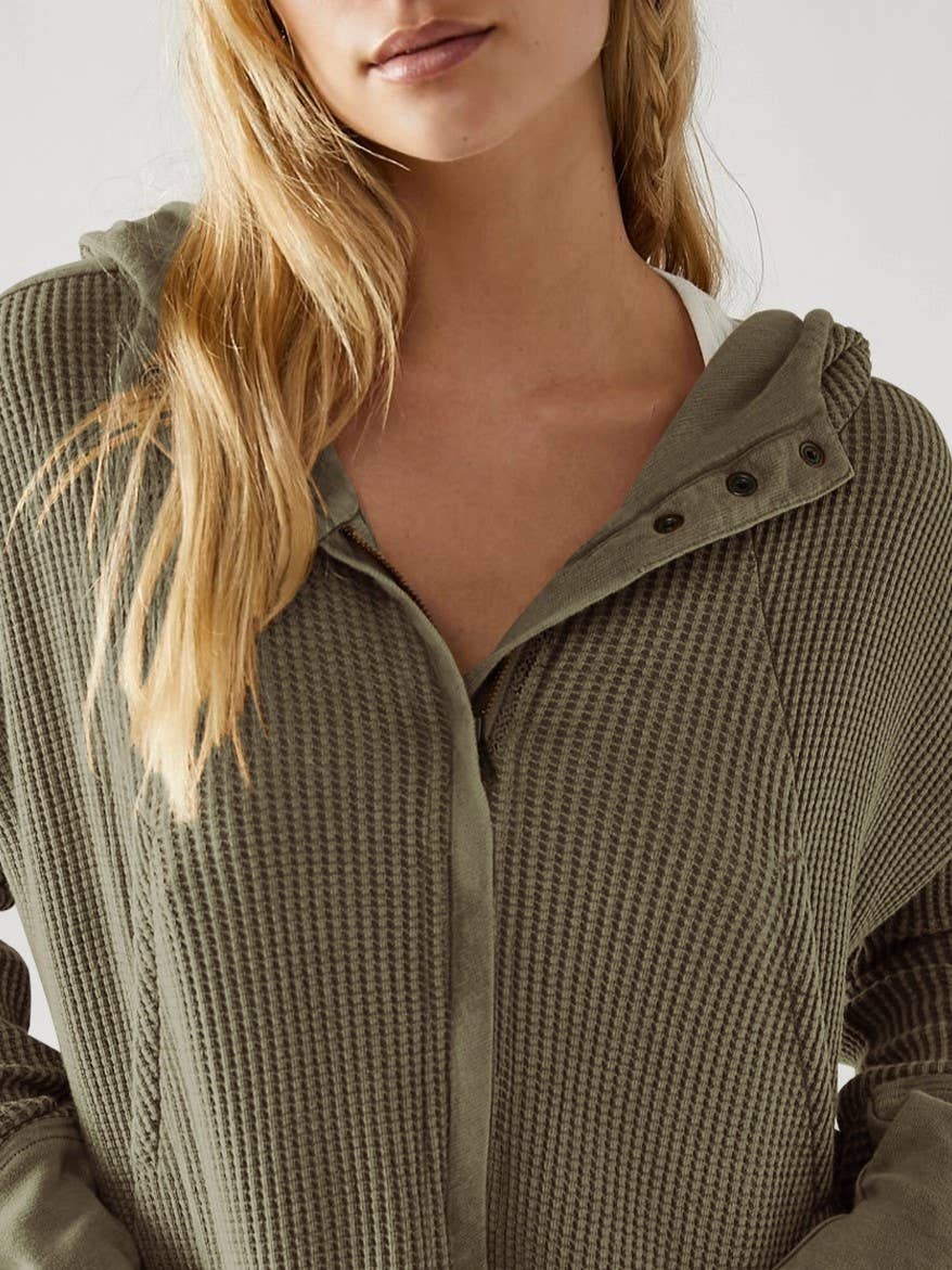 Olive Button/Zip Cropped Waffle Sweatshirt