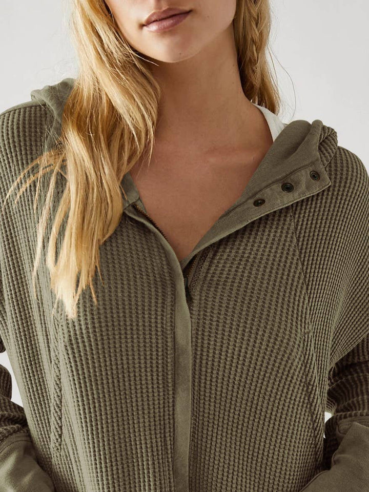 Olive Button/Zip Cropped Waffle Sweatshirt