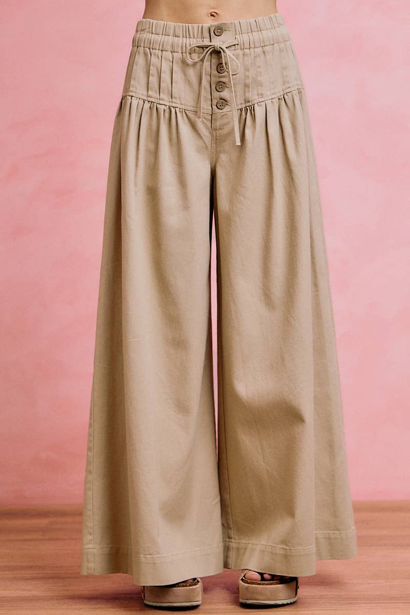 Wide leg Oatmeal Denim Pants w/ Pintuck Waist