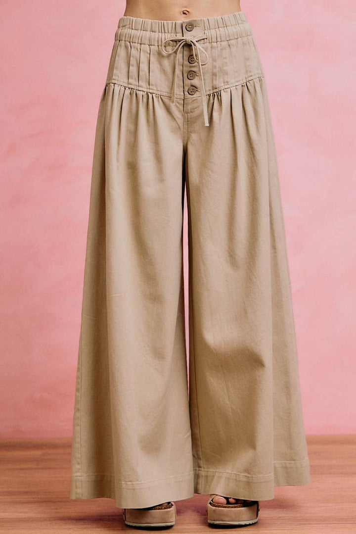 Wide leg Oatmeal Denim Pants w/ Pintuck Waist