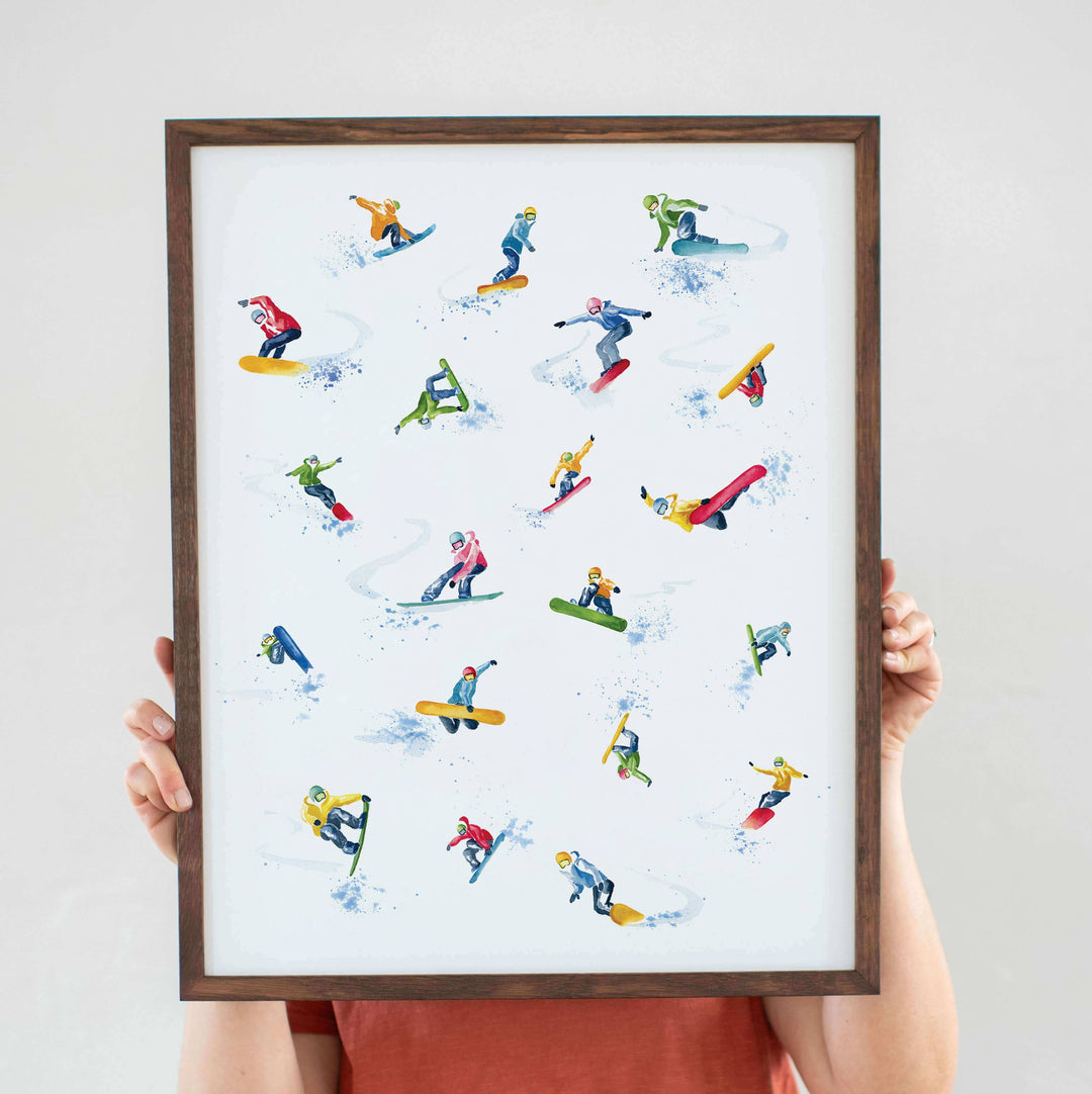 Colorful Snowboarder Tricks Watercolor Art Print
