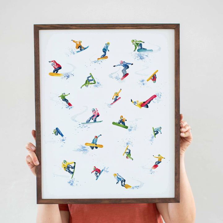Colorful Snowboarder Tricks Watercolor Art Print