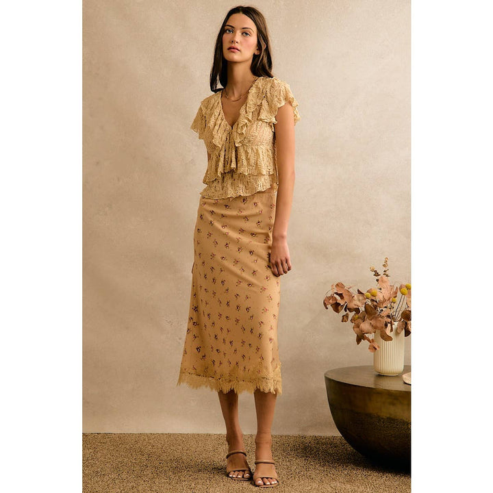 Satin Floral & Lace Trim Midi Skirt