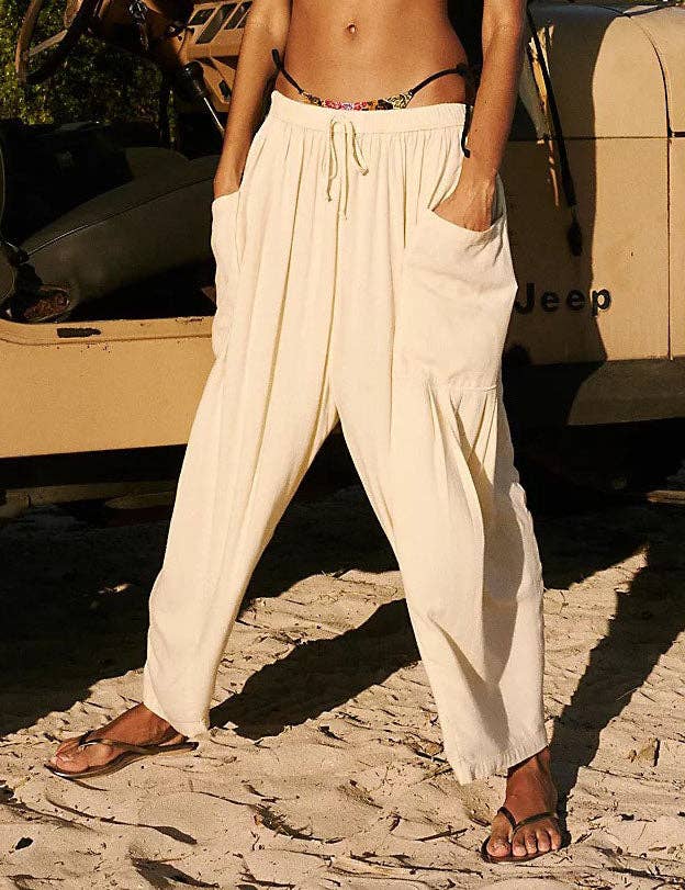 White Elastic Waist Loose Pants