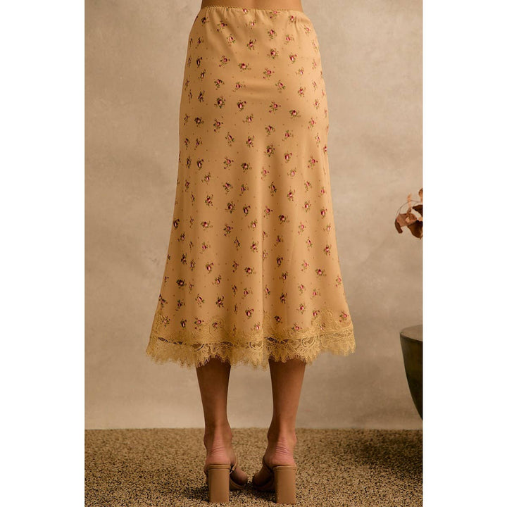 Satin Floral & Lace Trim Midi Skirt