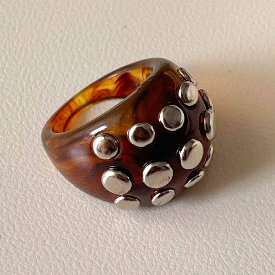 Vintage Brown Chunky Sliver Rivet Resin Ring