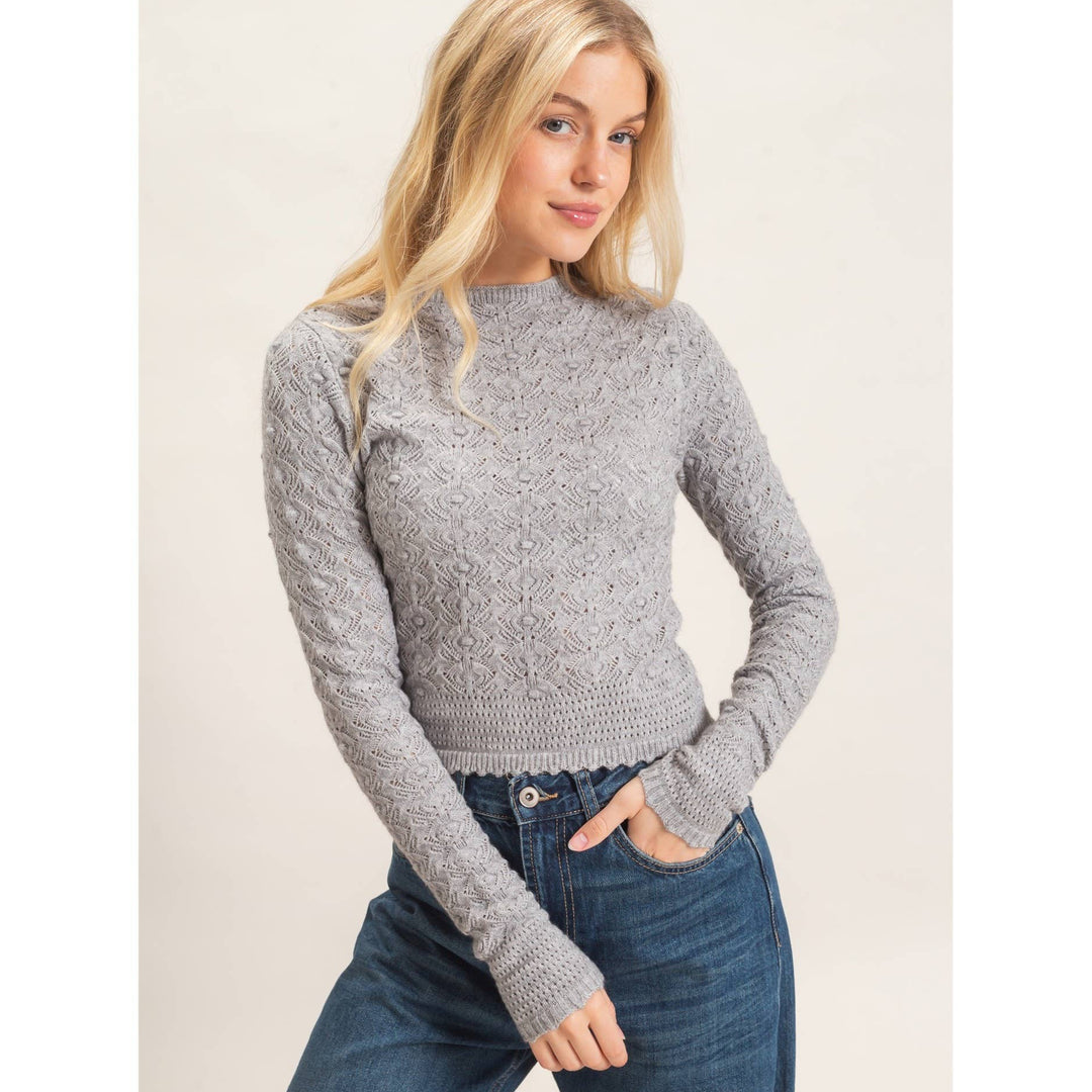 Heather Gray Crochet Scalloped Hem Sweater