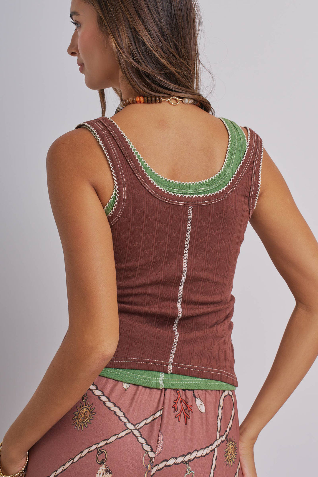 Apricot Ribbed Cotton Button-Front Picot Trim Tank