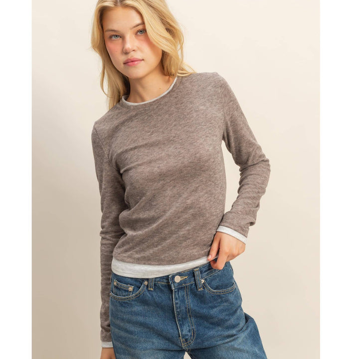 Long Sleeve Contrasting Top in Brown or Gray