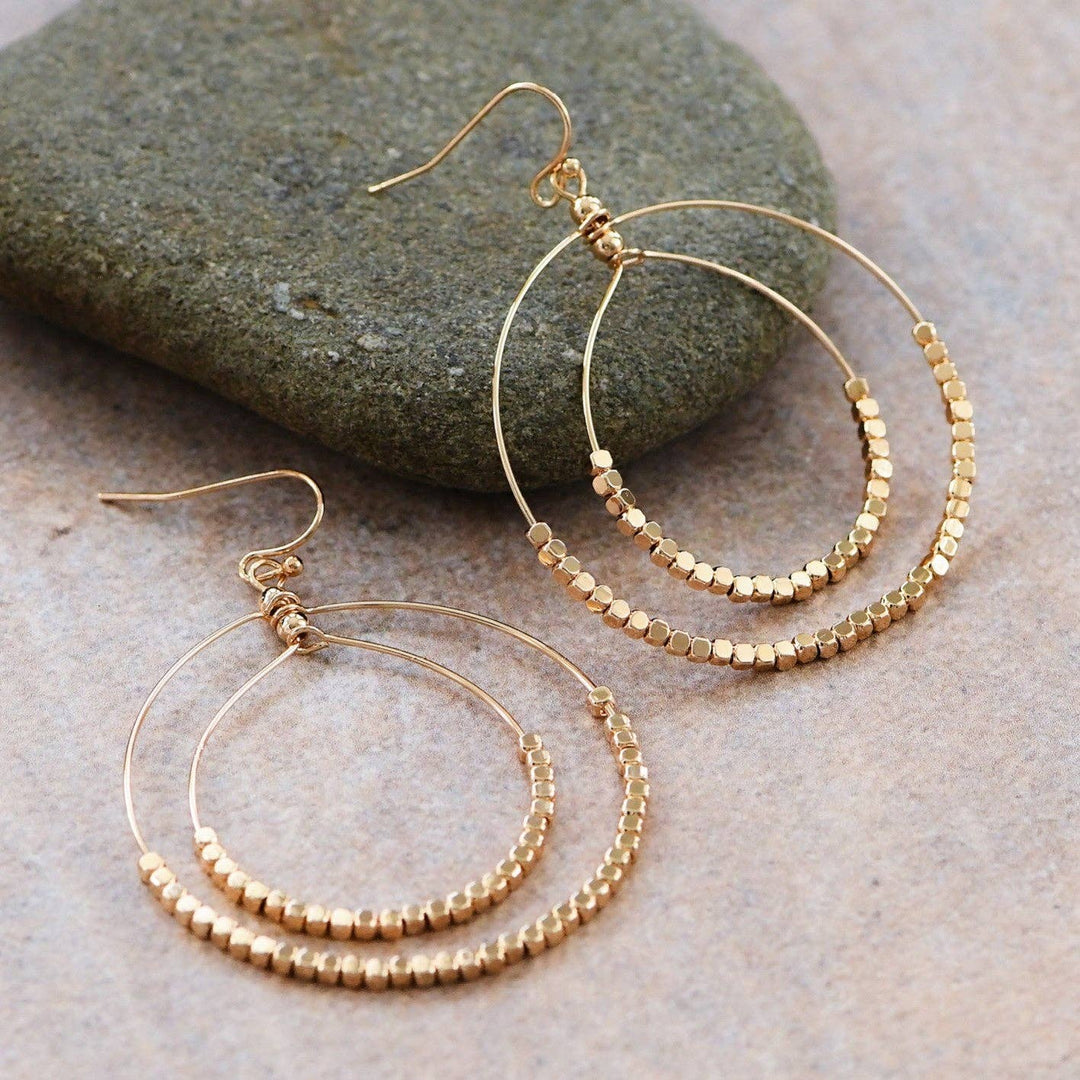 Gold Beaded Double Circle Drop Earrings