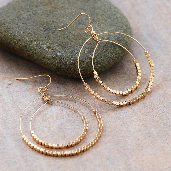 Gold Beaded Double Circle Drop Earrings