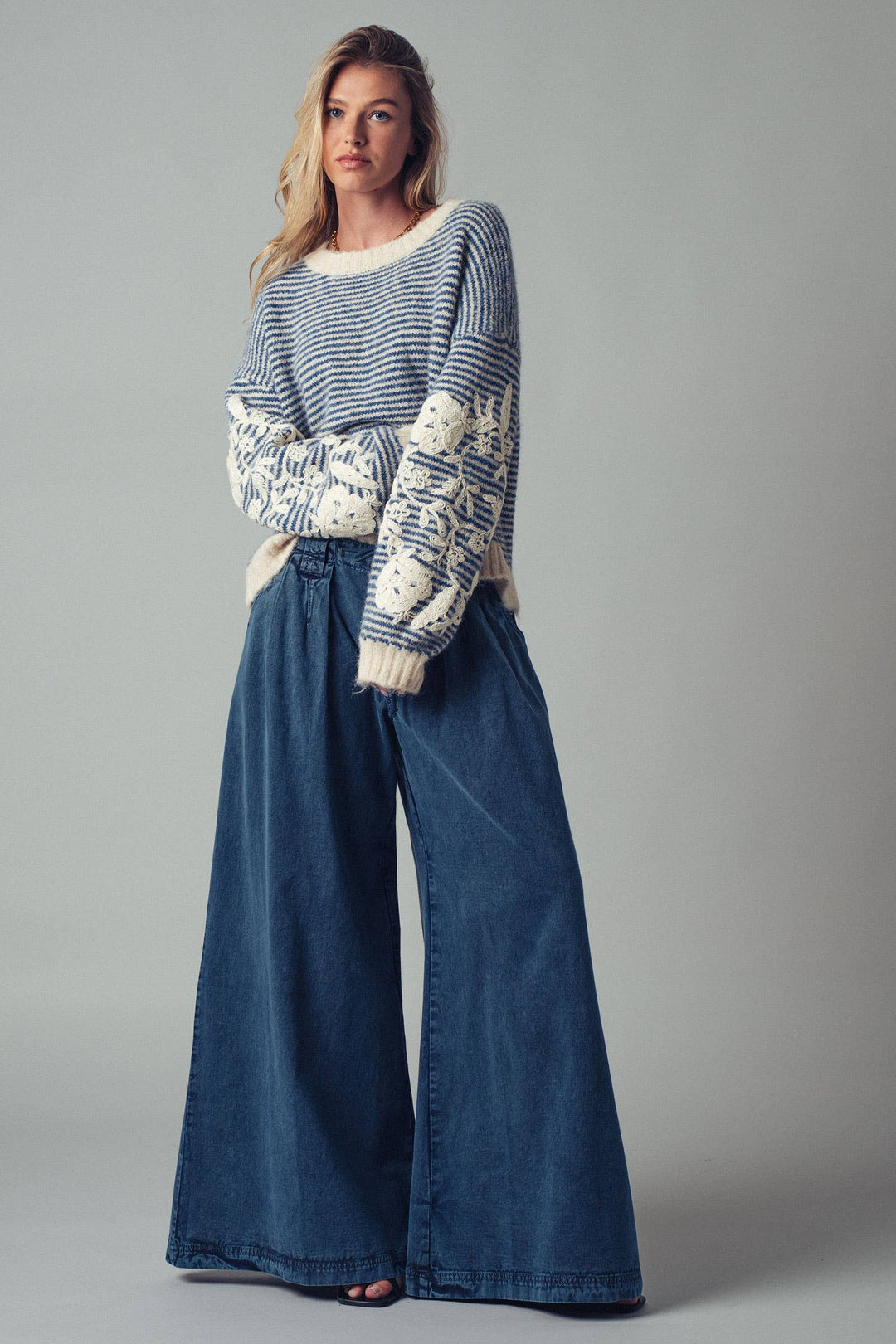 Floral Embroidered Blue Striped Knit Sweater