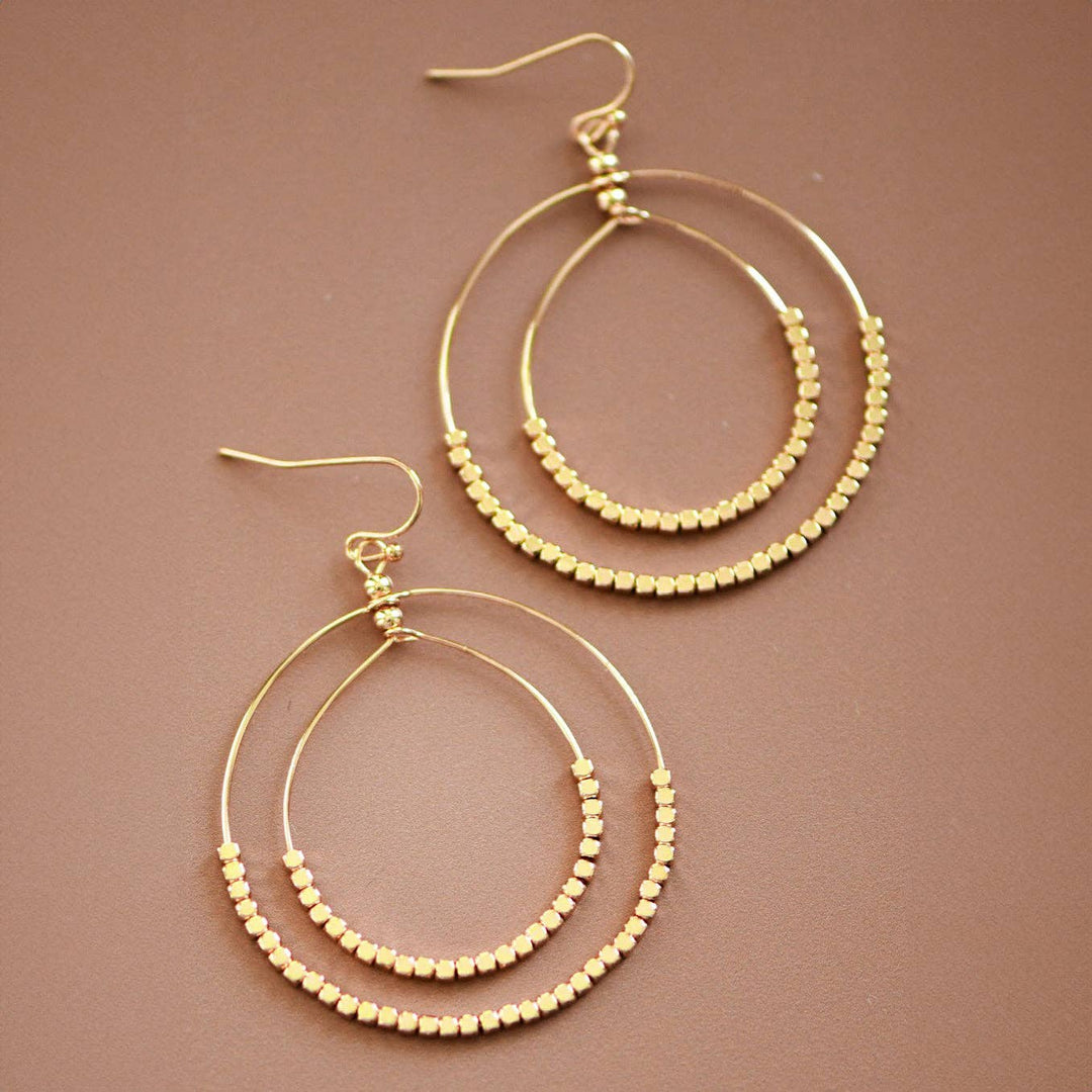 Gold Beaded Double Circle Drop Earrings