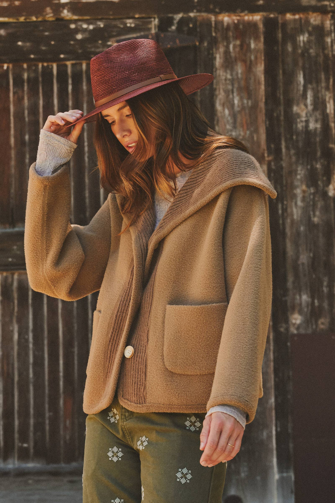 Camel Reversible Wool Blend Shawl Collar Coat