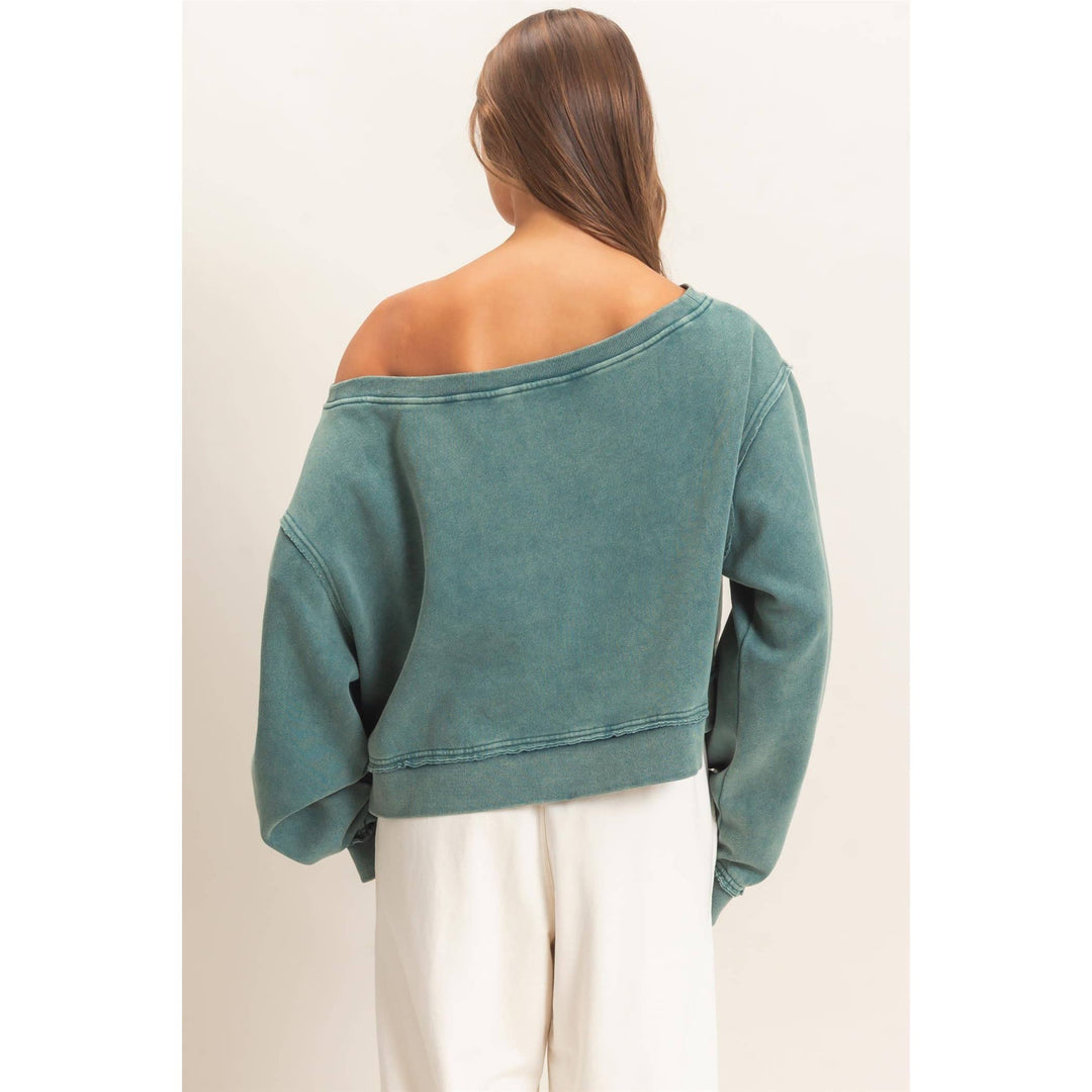 Teal Raw Edge Off The Shoulder Sweatshirt