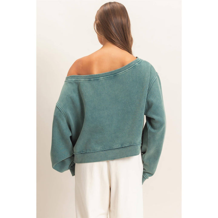 Teal Raw Edge Off The Shoulder Sweatshirt