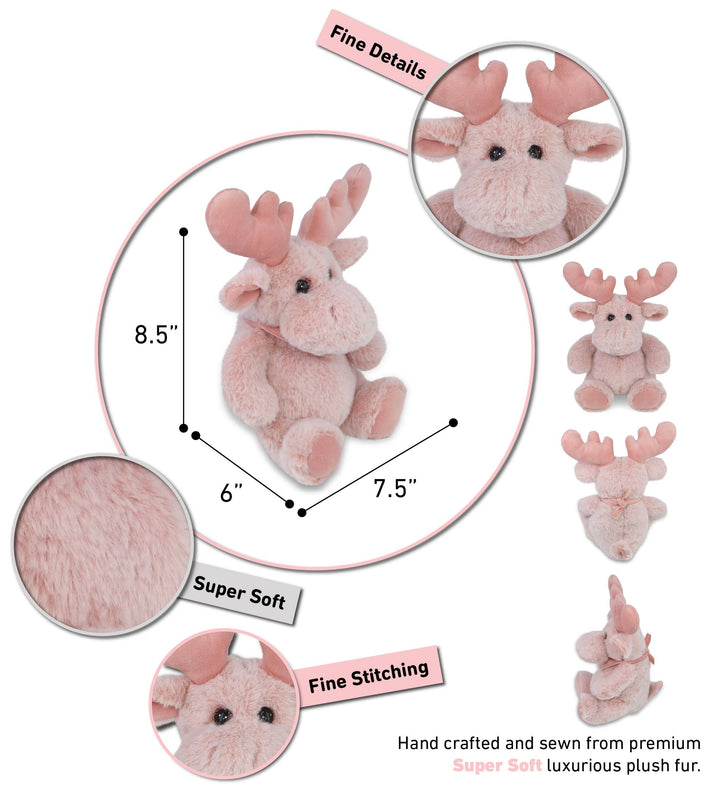 Pink plush moose toy with measurements and details on a white background