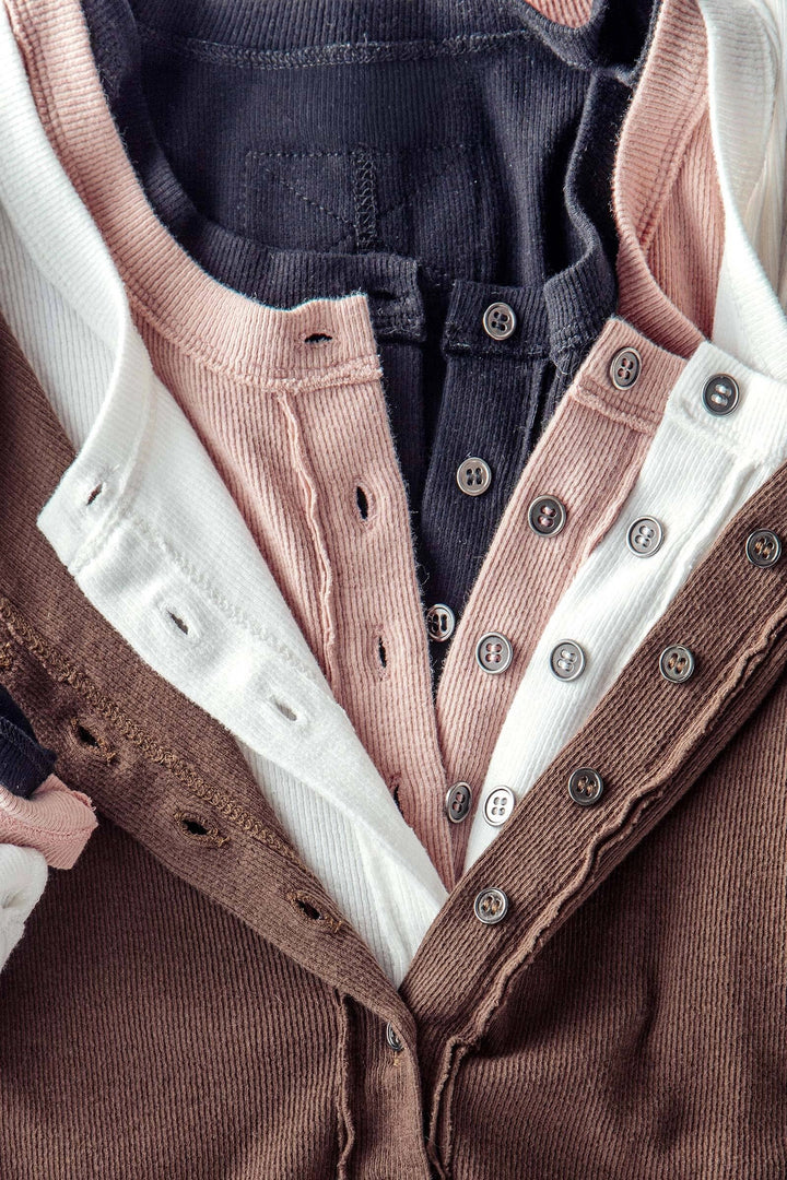Ribbed Henley Long Sleeve Top - 4 colors